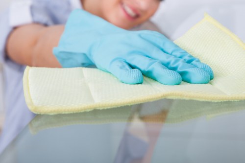 Professional cleaning team sanitising desks in a Chiswick office